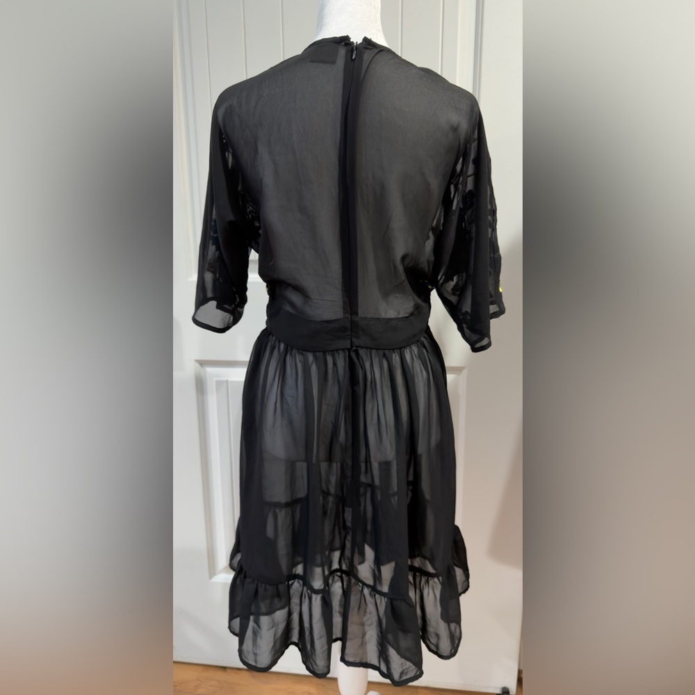 ASOS Black Sheer Embroidered Floral Dress Boho V-Neck Ruffle Hem Sz 10 Festival - Picture 2 of 6